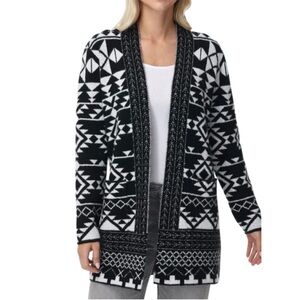 Geometric Black and White Open Front Women's Cardigan Sweater XL